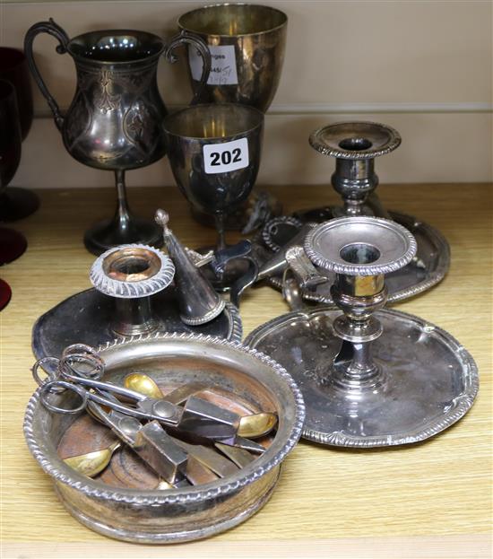 Mixed plates wares including coaster, three chambersticks (a.f.), three goblets, six condiment spoons, etc